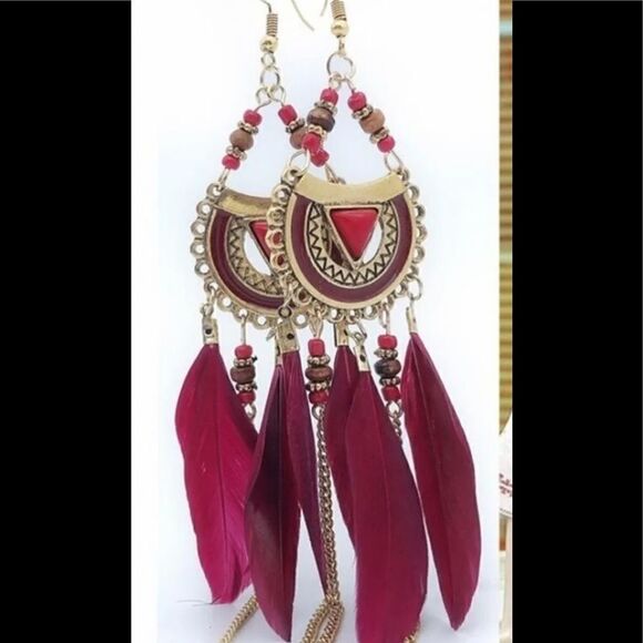 MWT WineRed bohemian feather drop earrings with dangle rope fringe tassel - Picture 5 of 6